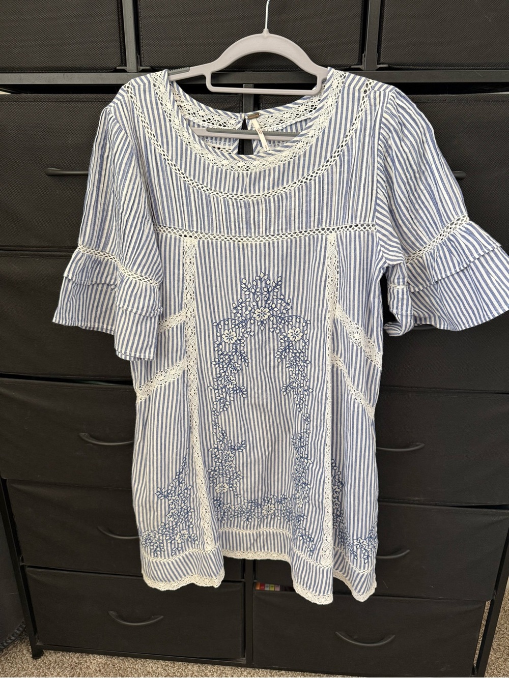Blue and White Free People Striped Embroidered Women's Dress